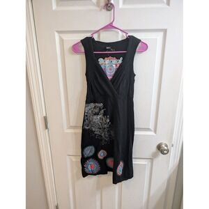 Desigual Black Knit V Neck Ruched Embellished Dress - Size M